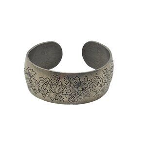 Larkspur Floral Engraved Pewter Leonard Wide Cuff Bracelet Silver Tone VTG